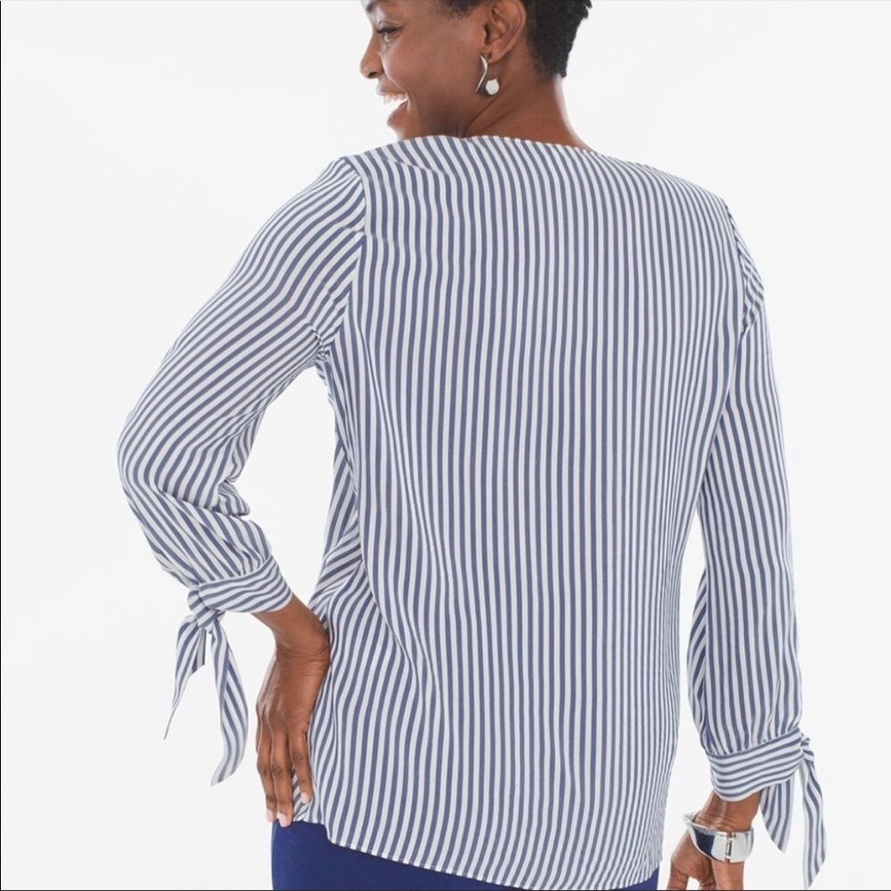 •Chico’s• Navy Striped Long Sleeve V-Neck Ruffle Top - Size Large - Picture 8 of 11